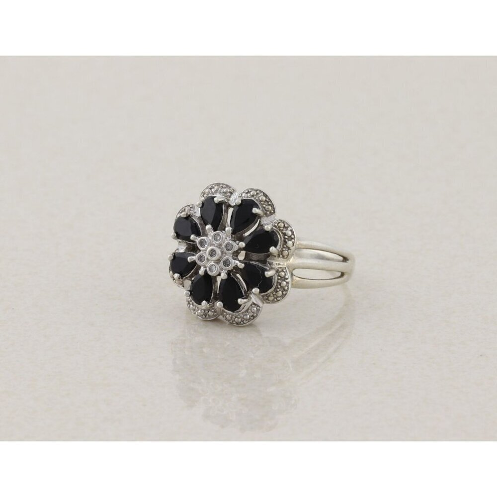 Sterling Silver Blue Cubic Zirconia and Natural Diamond Flower Ring Size 9 1/2 - Picture 5 of 7